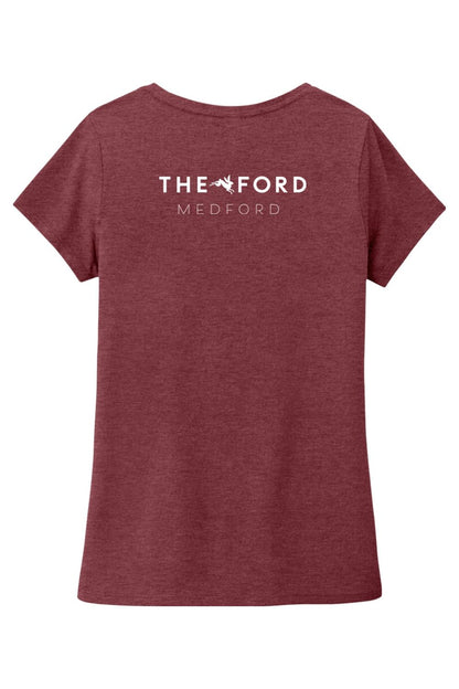 Maroon triblend V-neck tee featuring white The Ford Medford logo on the back.