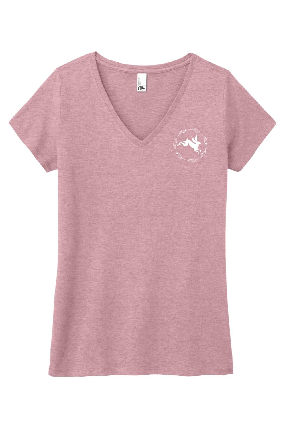 Dusty rose women’s triblend v-neck tee featuring a white rabbit graphic inside a floral wreath on the chest.