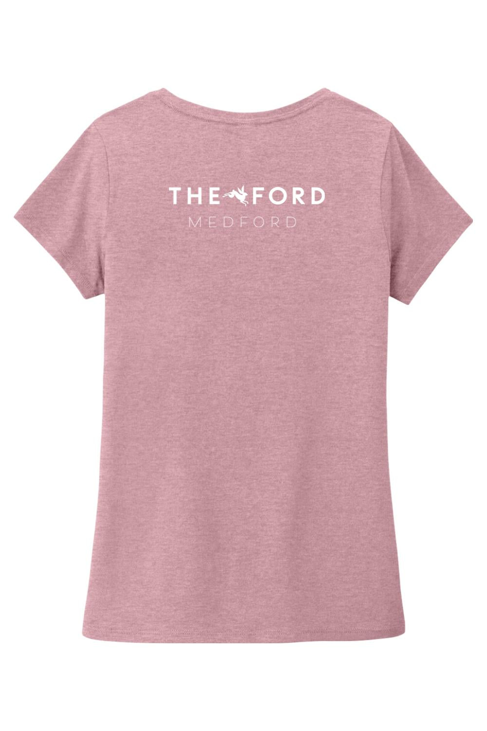 Dusty rose triblend women's V-neck tee featuring The Ford Medford logo in white on the back.