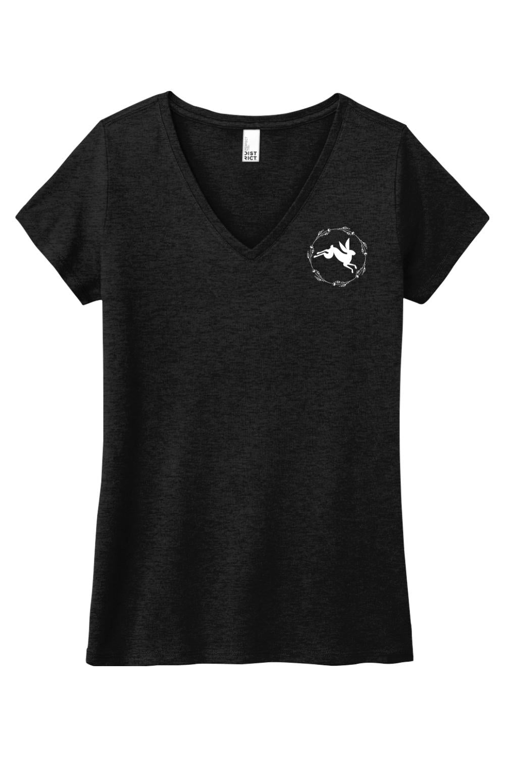 Black triblend women's V-neck tee featuring a white rabbit logo inside a circular floral wreath on the chest.