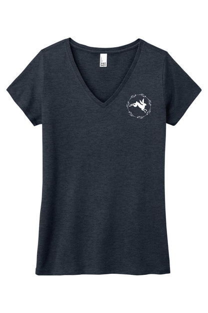 Dark heather grey women's triblend V-neck tee featuring a white rabbit logo inside a circular floral wreath.