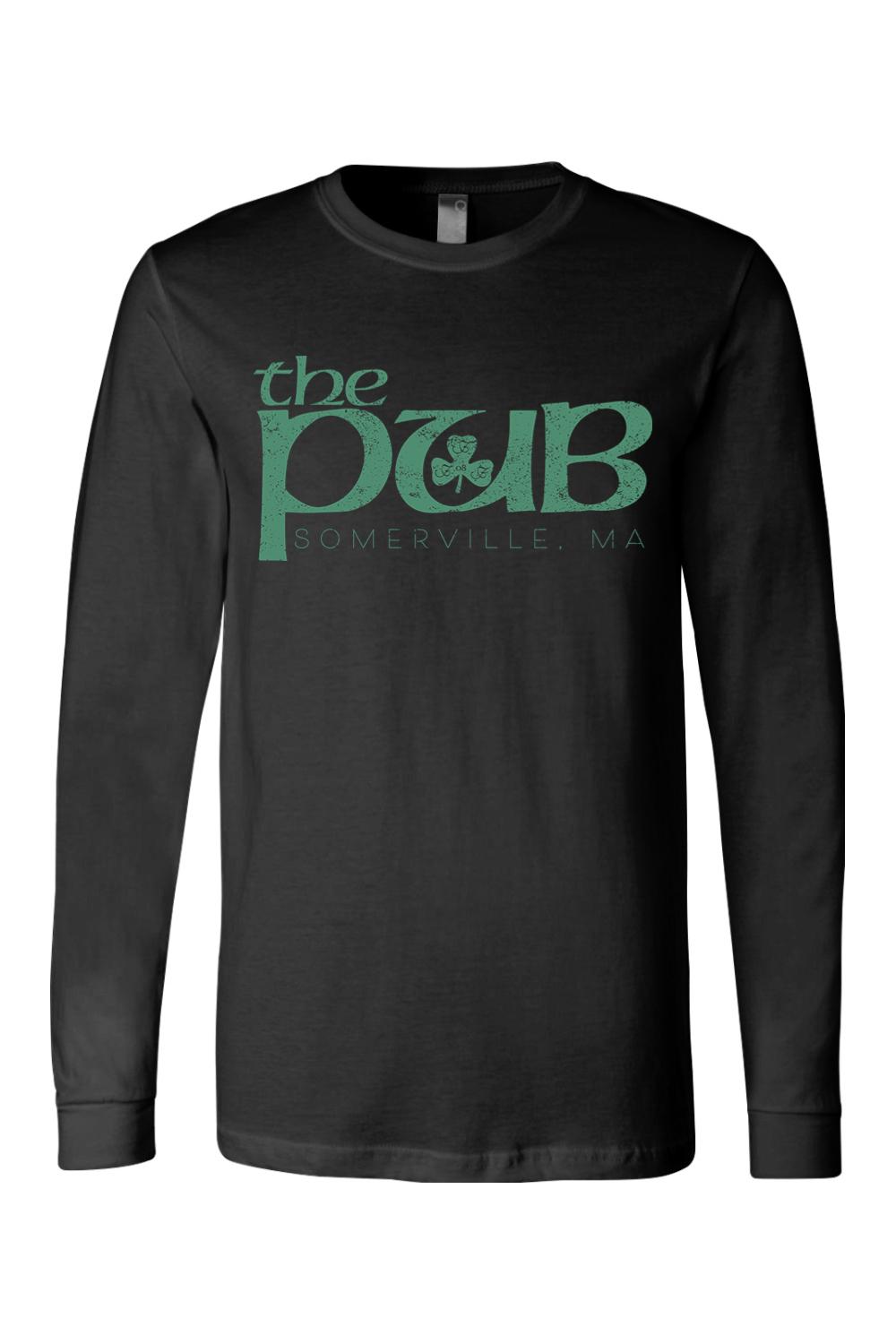 Black long-sleeve jersey tee featuring a distressed green The Pub Somerville, MA logo with a shamrock graphic.
