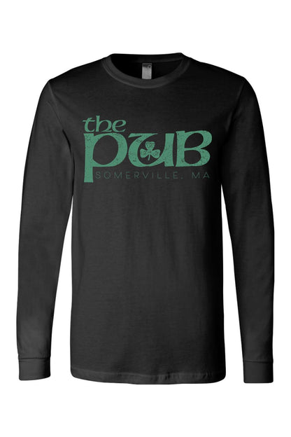 Black long-sleeve jersey tee featuring a distressed green The Pub Somerville, MA logo with a shamrock graphic.