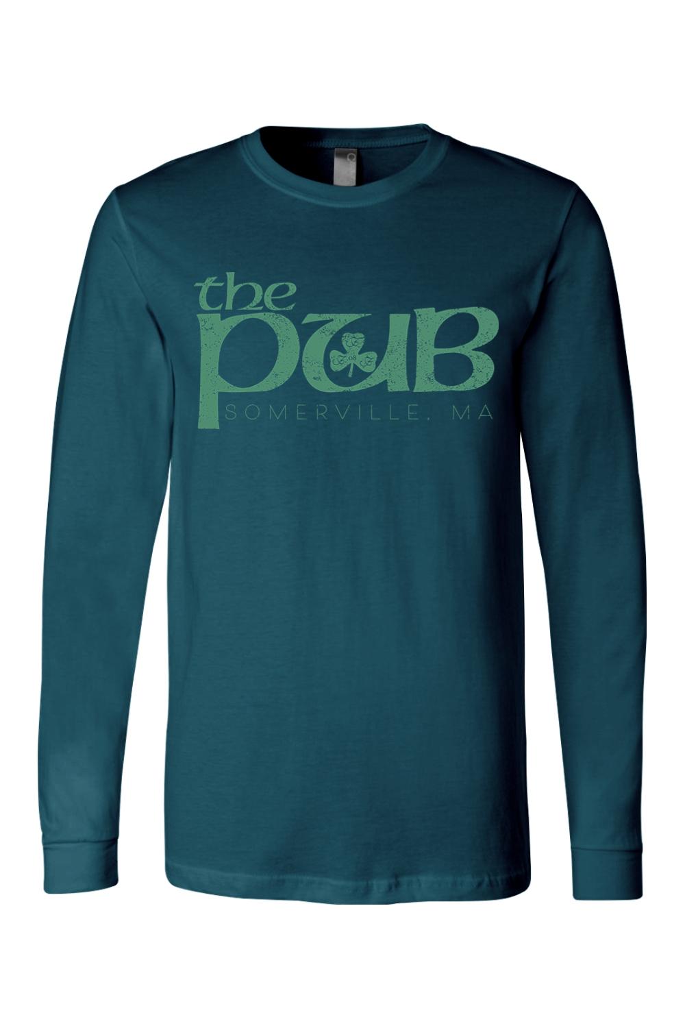 Teal long sleeve jersey tee featuring a distressed green The Pub Somerville, MA logo with a shamrock graphic.