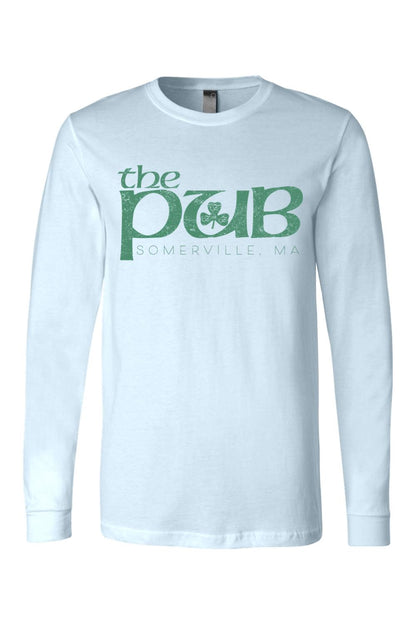 Light blue long sleeve jersey tee featuring a distressed green The Pub Somerville, MA logo with a shamrock.