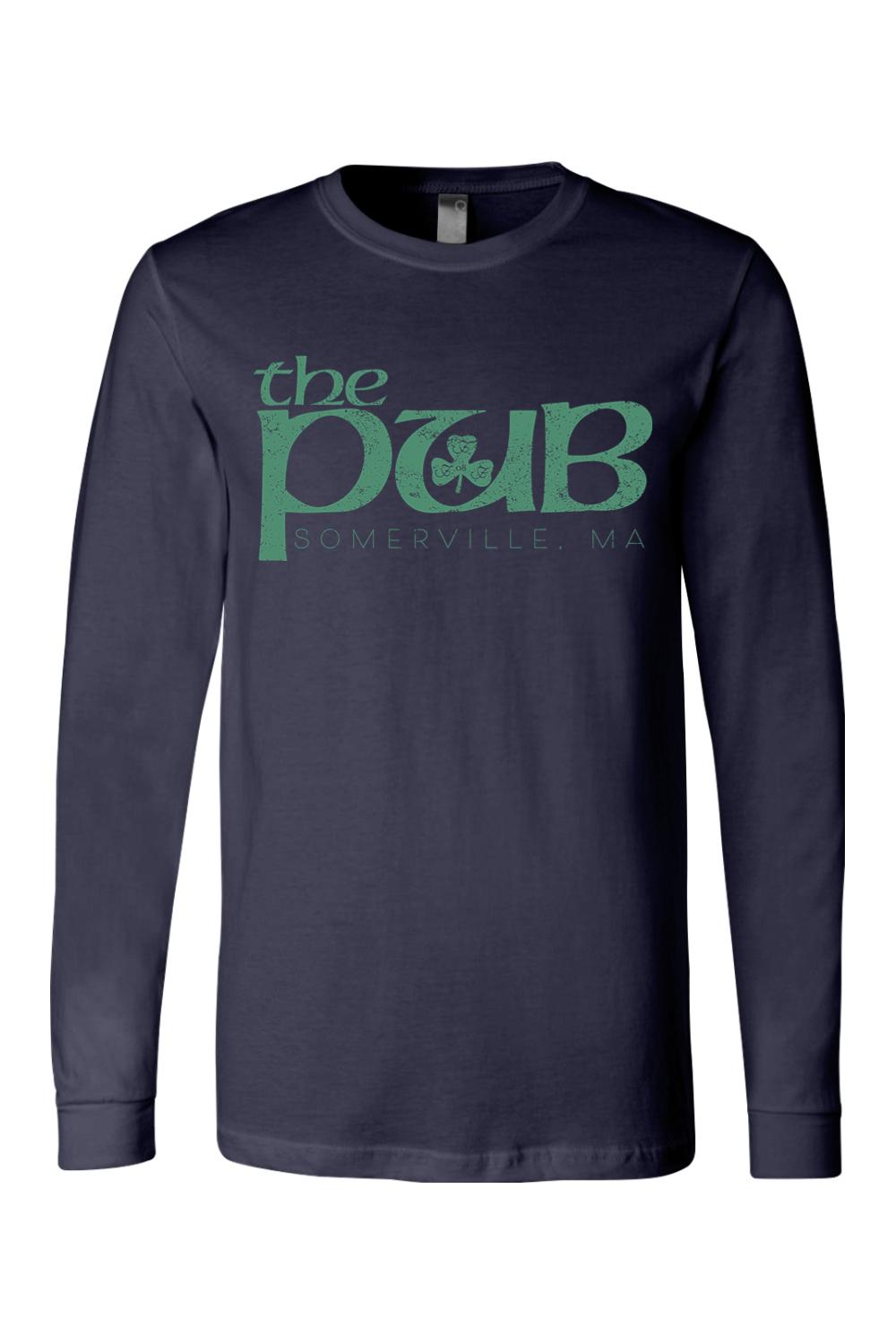 Navy blue long sleeve jersey tee featuring a distressed green The Pub Somerville, MA logo with a shamrock icon.