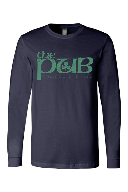 Navy blue long sleeve jersey tee featuring a distressed green The Pub Somerville, MA logo with a shamrock icon.
