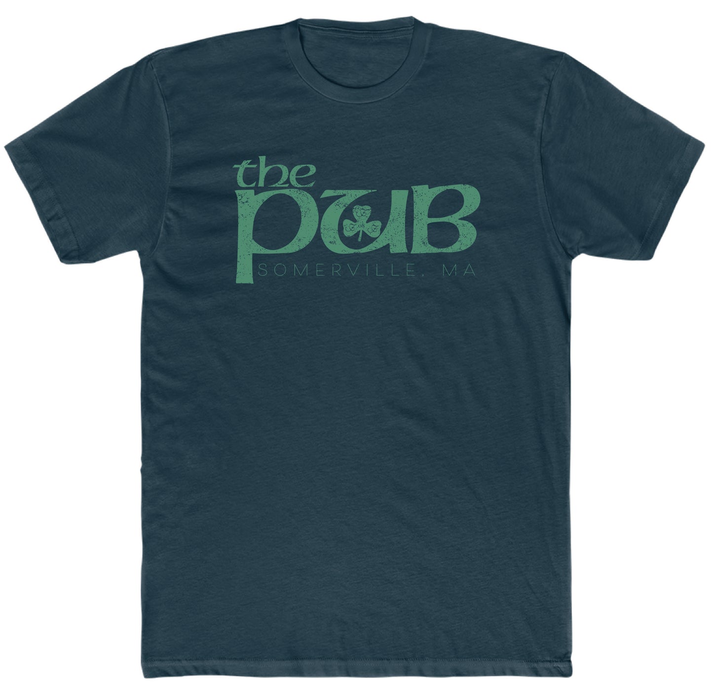 Dark navy blue cotton t-shirt featuring a green The Pub Somerville, MA graphic with a shamrock design.