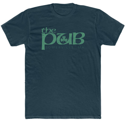Dark navy blue cotton t-shirt featuring a green The Pub Somerville, MA graphic with a shamrock design.