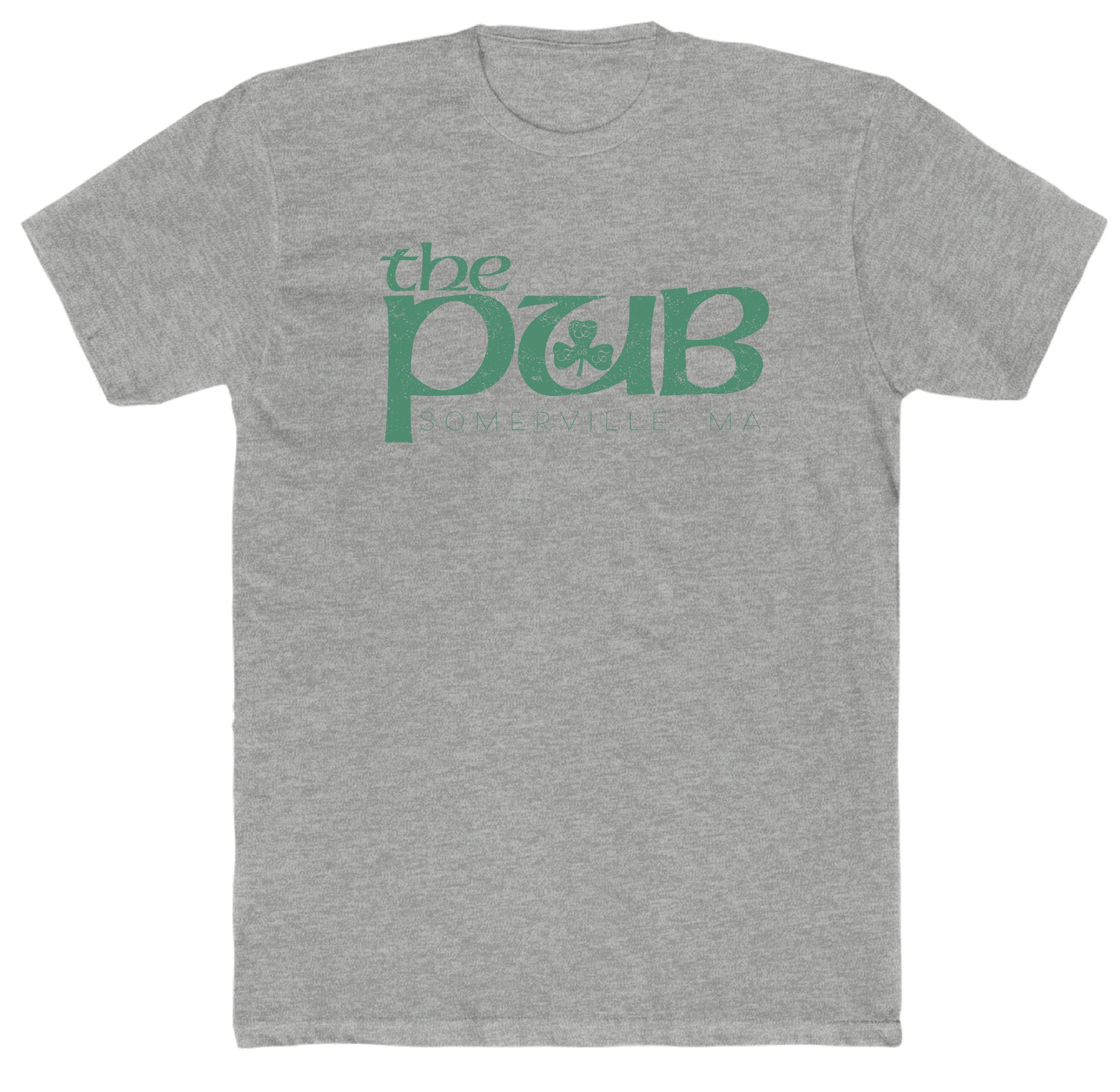 Grey cotton crewneck t-shirt featuring a green The Pub Somerville MA logo with a shamrock graphic on the chest.