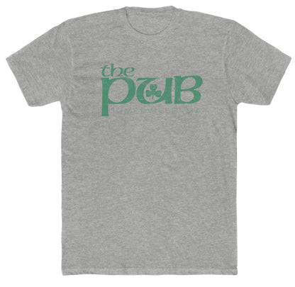 Grey cotton crewneck t-shirt featuring a green The Pub Somerville MA logo with a shamrock graphic on the chest.