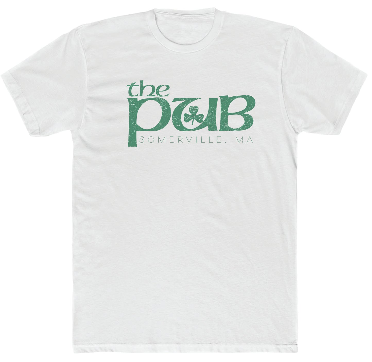 White cotton crewneck t-shirt featuring a green distressed The Pub Somerville, MA logo with a shamrock graphic.