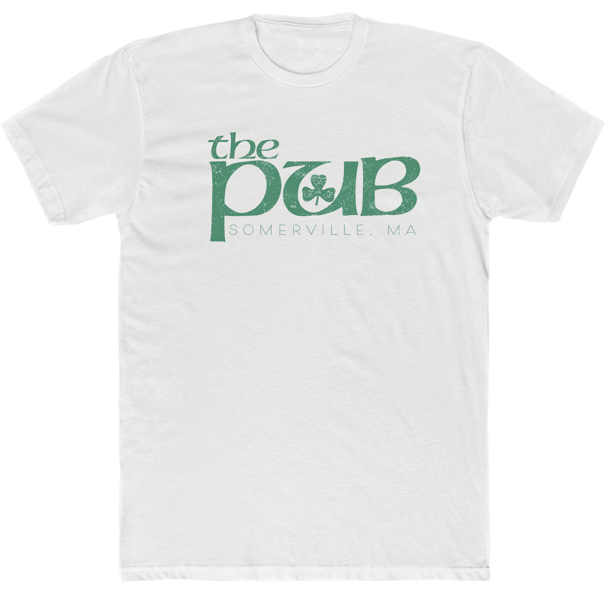 White cotton crewneck t-shirt featuring a green distressed The Pub Somerville, MA logo with a shamrock graphic.