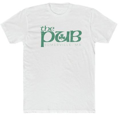 White cotton crewneck t-shirt featuring a green distressed The Pub Somerville, MA logo with a shamrock graphic.