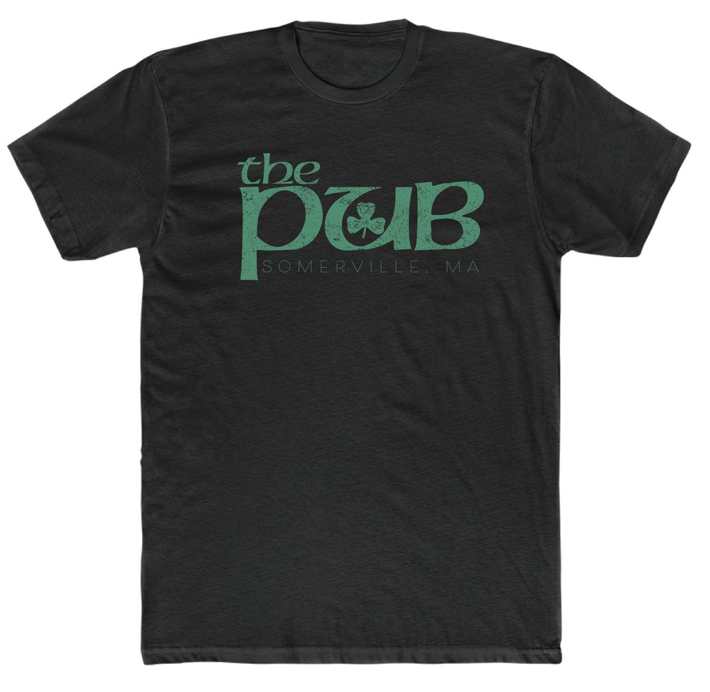 Black cotton crew neck t-shirt featuring a distressed green The Pub Somerville, MA logo with a shamrock icon.