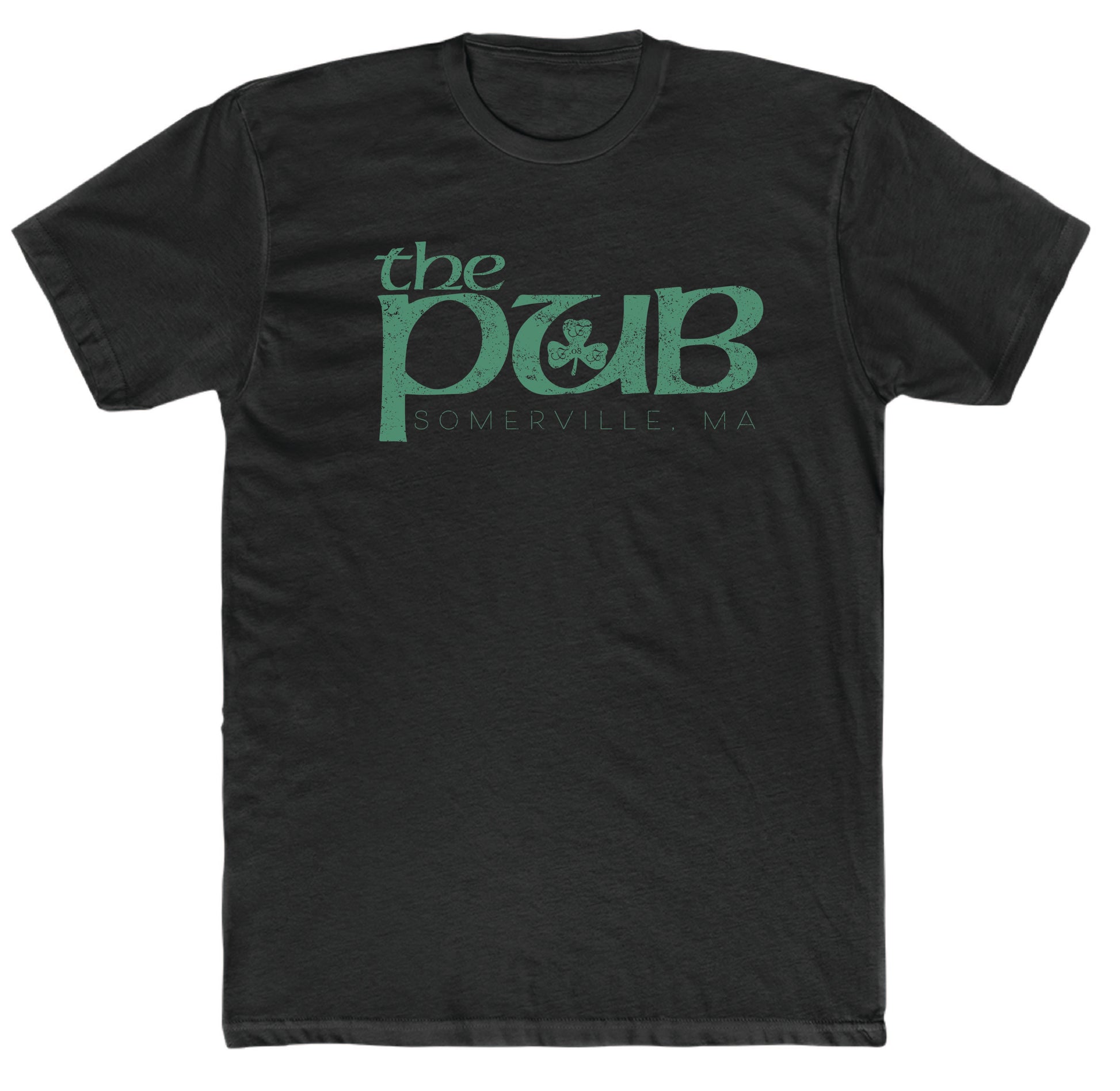 Black cotton crew neck t-shirt featuring a distressed green The Pub Somerville, MA logo with a shamrock icon.