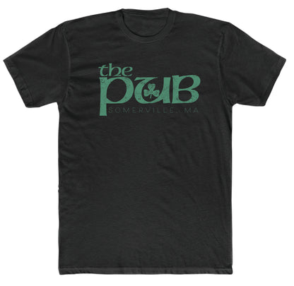 Black cotton crew neck t-shirt featuring a distressed green The Pub Somerville, MA logo with a shamrock icon.