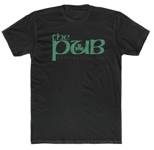 Black cotton crew neck t-shirt featuring a distressed green The Pub Somerville, MA logo with a shamrock icon.