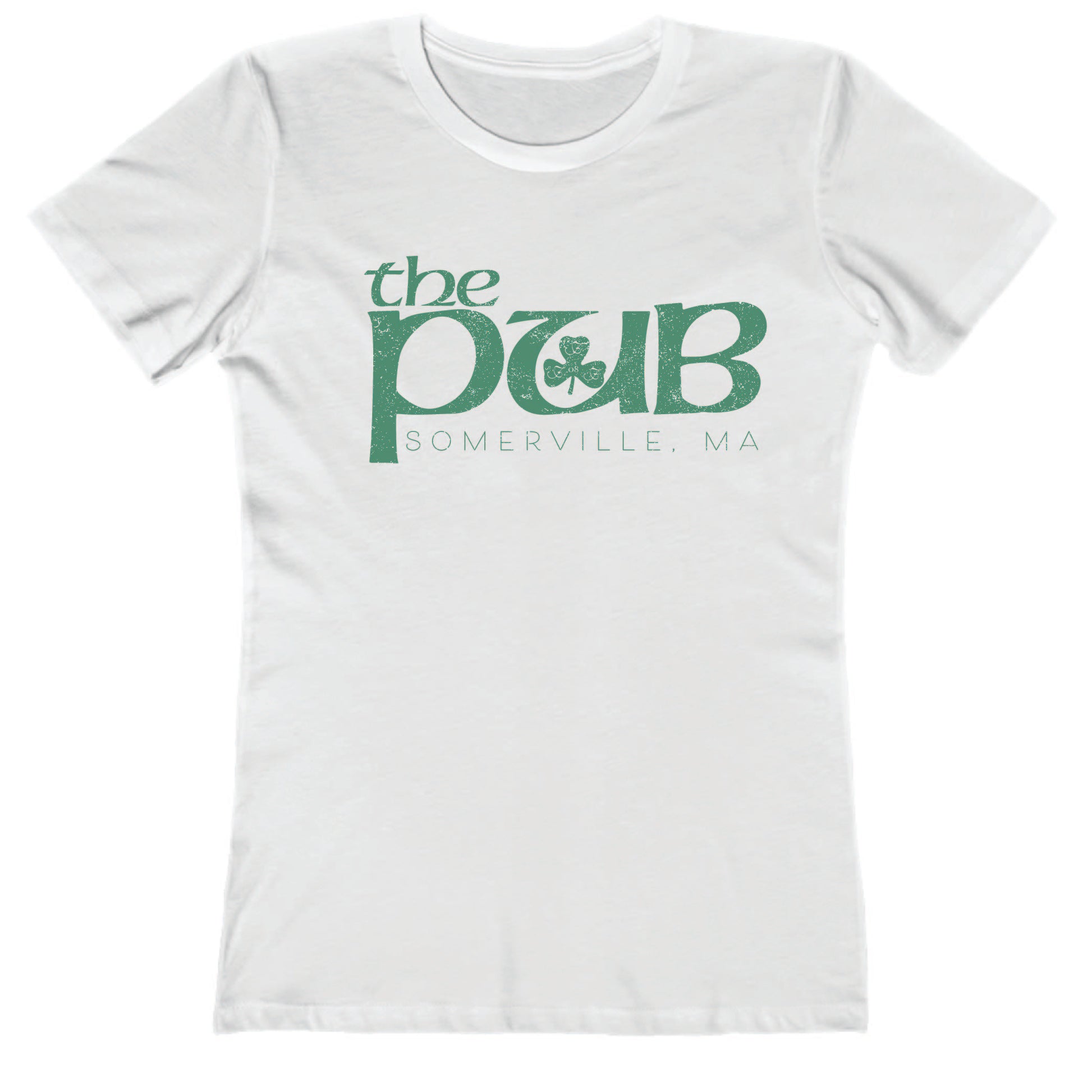 White women's crew neck t-shirt featuring a green The Pub Somerville, MA logo with a shamrock graphic.