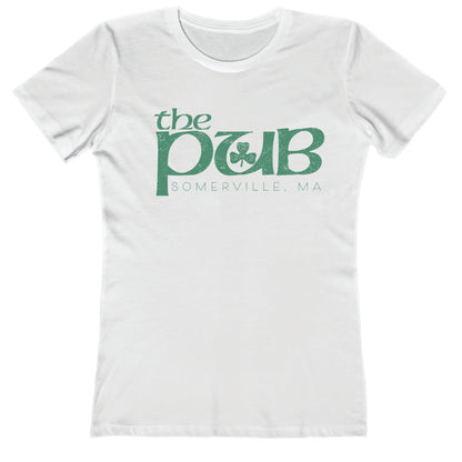 White women's crew neck t-shirt featuring a green The Pub Somerville, MA logo with a shamrock graphic.