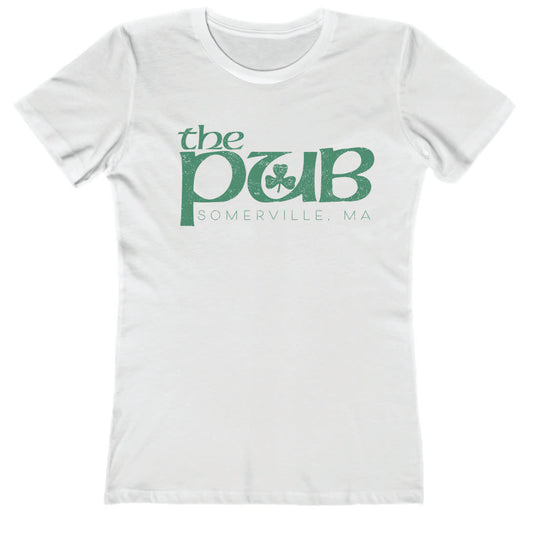 White women's crew neck t-shirt featuring a green The Pub Somerville, MA logo with a shamrock graphic.