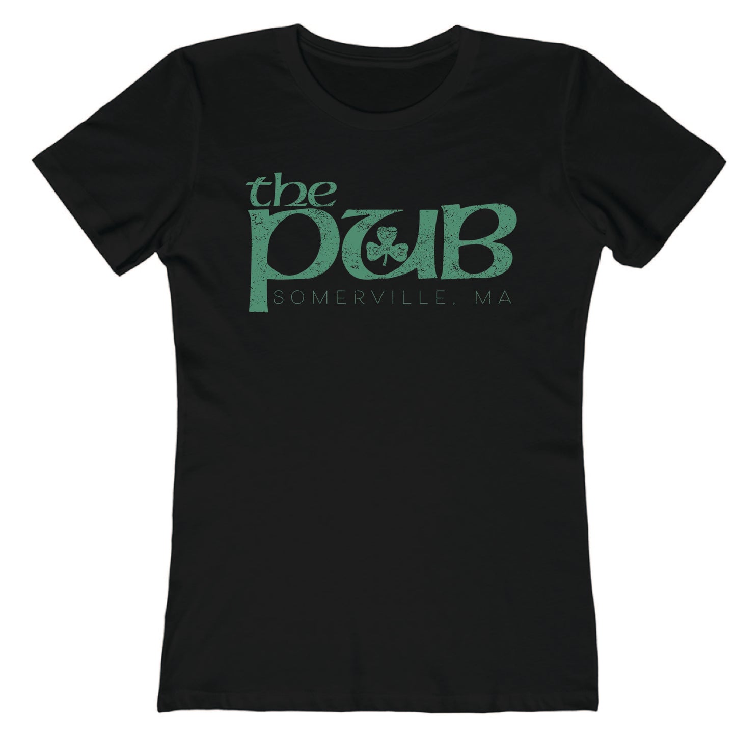Black women's crew neck t-shirt featuring a distressed green The Pub logo with a shamrock and Somerville, MA text.