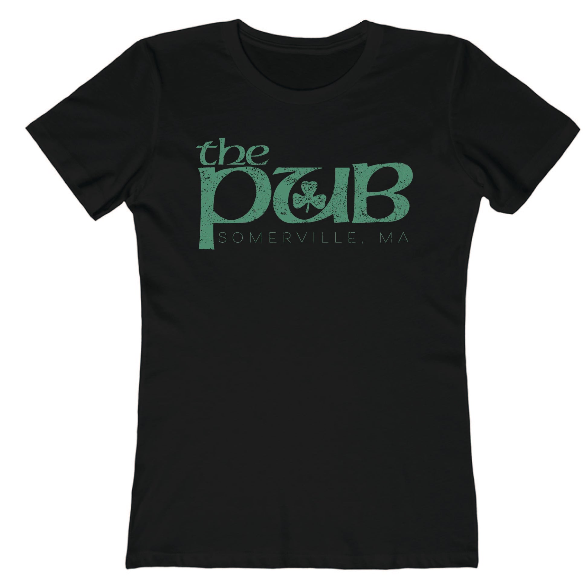 Black women's crew neck t-shirt featuring a distressed green The Pub logo with a shamrock and Somerville, MA text.