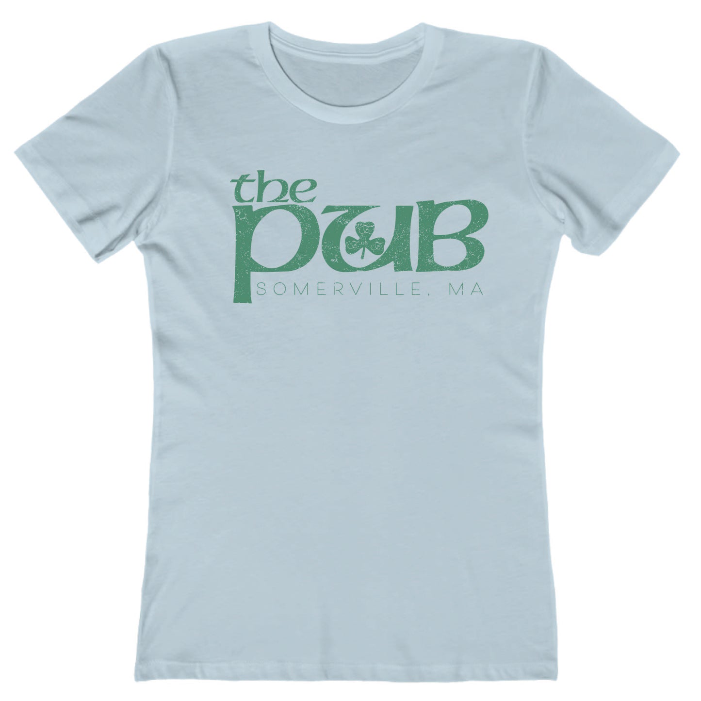 Light blue women's crew neck t-shirt featuring a green The Pub Somerville, MA logo with a shamrock graphic.