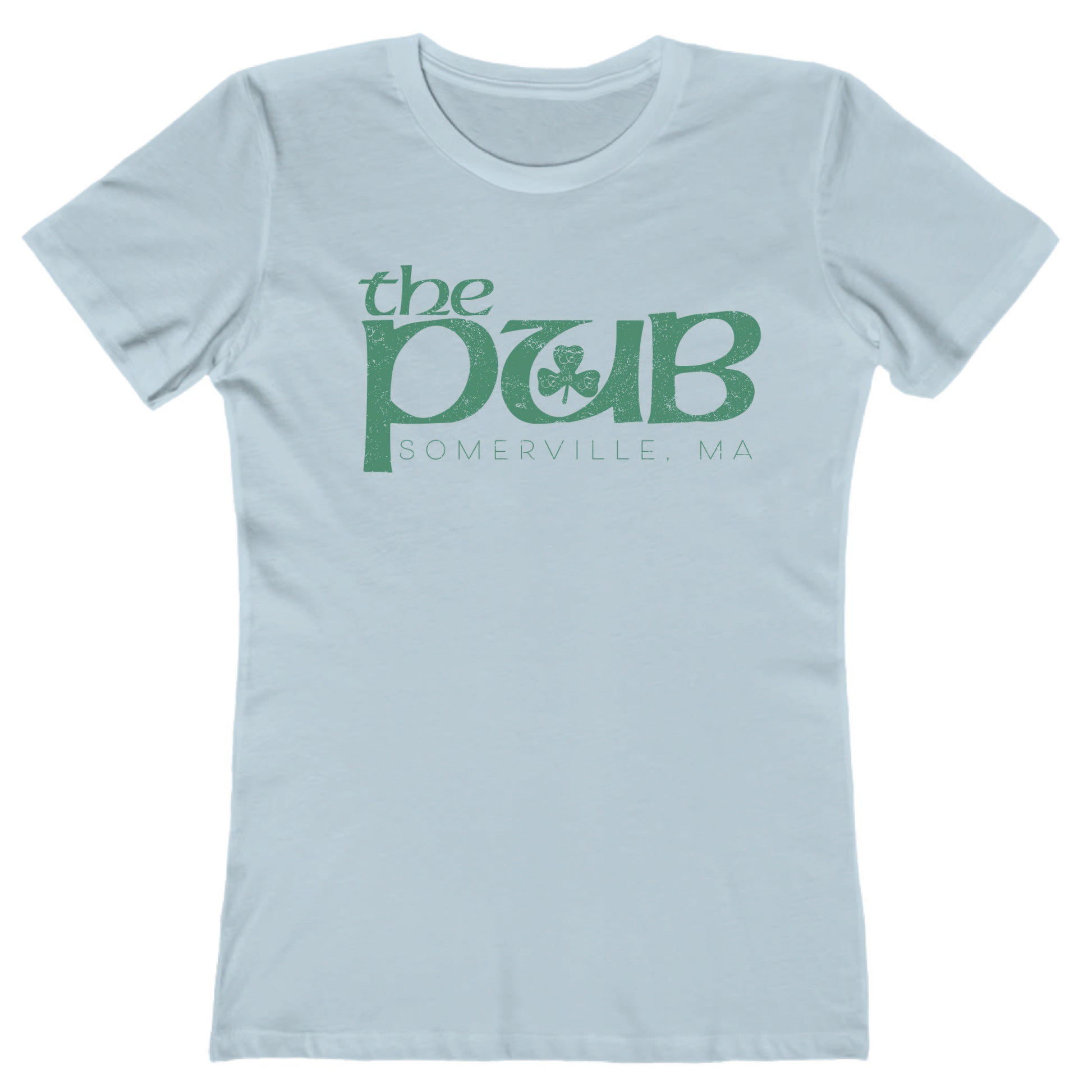 Light blue women's crew neck t-shirt featuring a green The Pub Somerville, MA logo with a shamrock graphic.
