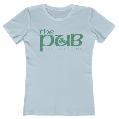 Light blue women's crew neck t-shirt featuring a green The Pub Somerville, MA logo with a shamrock graphic.