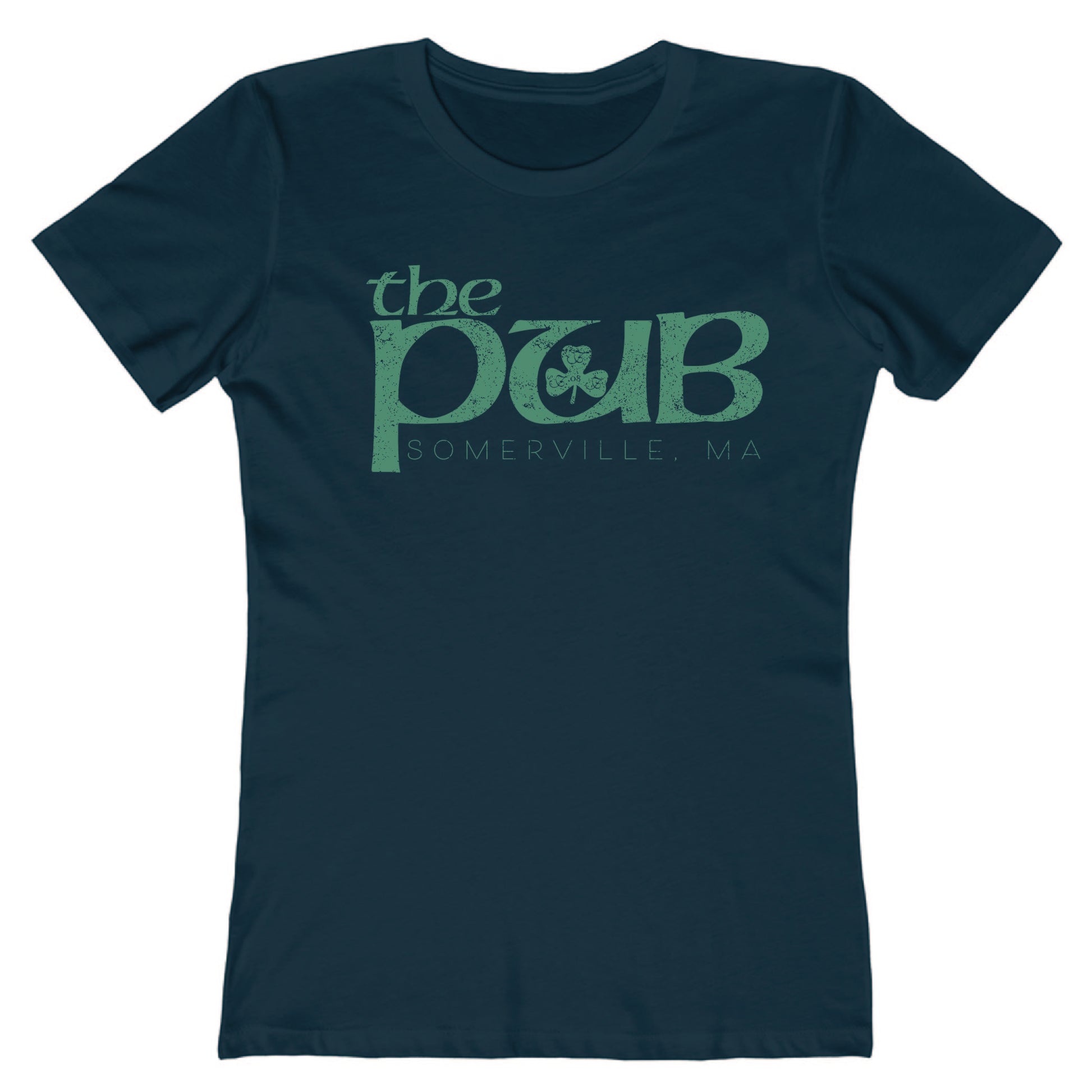 Navy blue women's crew neck t-shirt featuring a green distressed The Pub Somerville, MA logo with a shamrock.