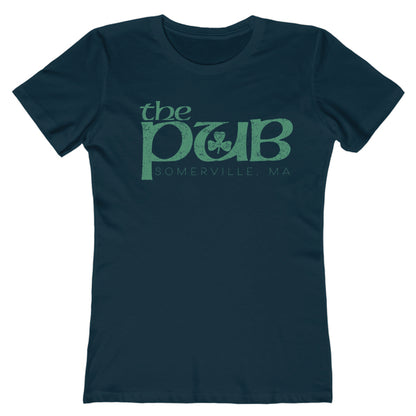 Navy blue women's crew neck t-shirt featuring a green distressed The Pub Somerville, MA logo with a shamrock.