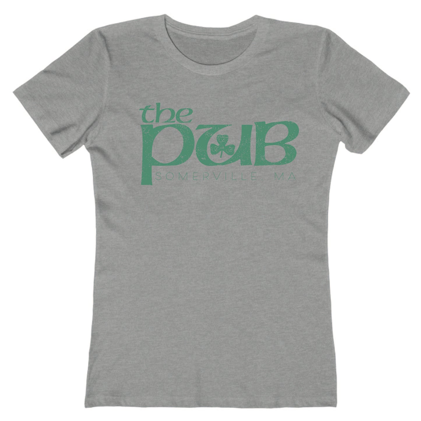Grey women's crew neck t-shirt featuring a green The Pub Somerville, MA logo with a shamrock graphic.
