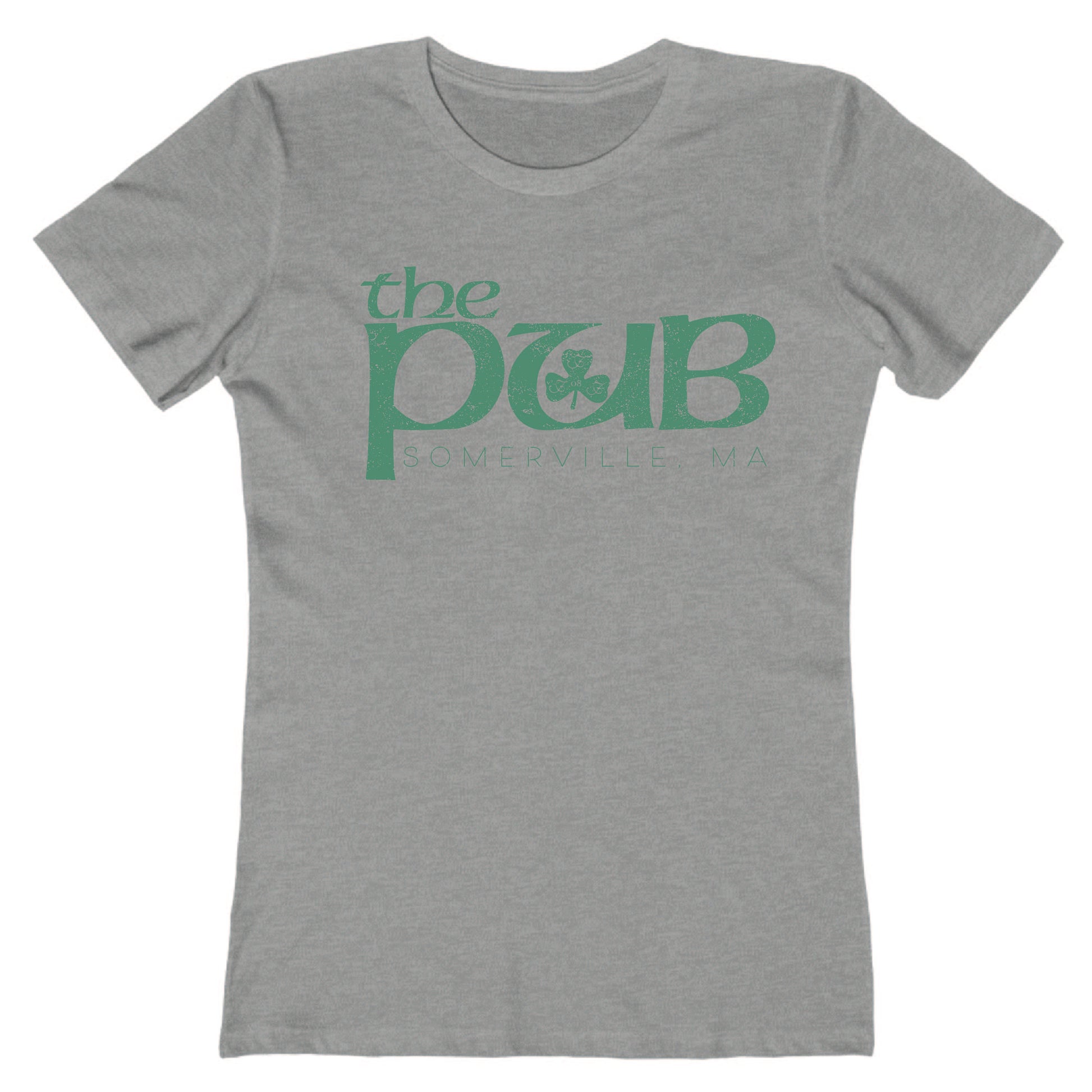 Grey women's crew neck t-shirt featuring a green The Pub Somerville, MA logo with a shamrock graphic.