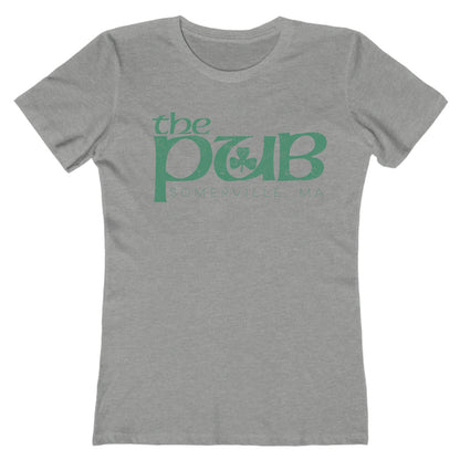 Grey women's crew neck t-shirt featuring a green The Pub Somerville, MA logo with a shamrock graphic.