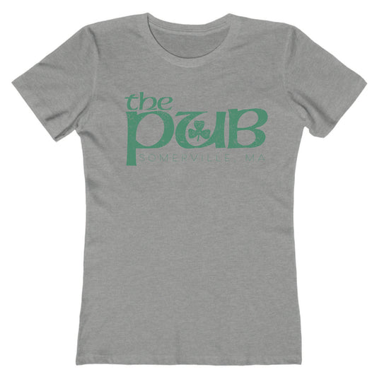 Grey women's crew neck t-shirt featuring a green The Pub Somerville, MA logo with a shamrock graphic.