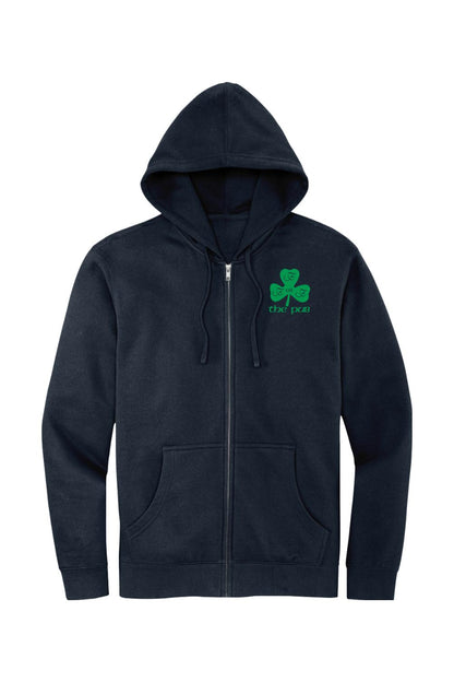 Navy blue full-zip hoodie featuring a green shamrock logo with The Pub text on the left chest and a jersey-lined hood.