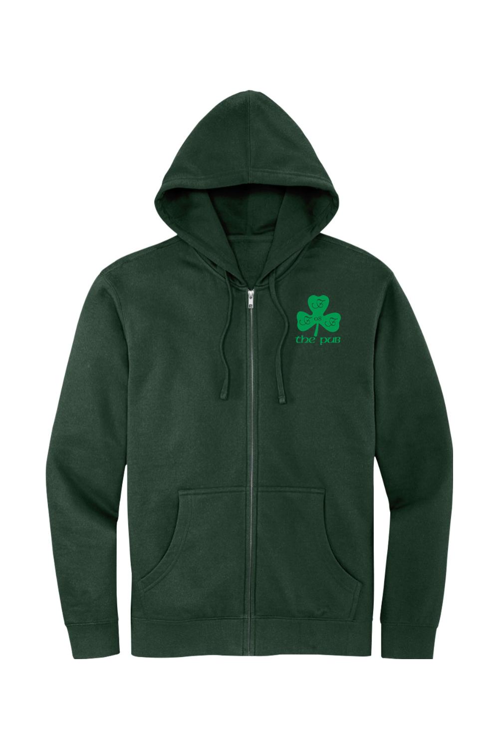 Dark green full-zip hoodie with a jersey-lined hood, front pockets, and a green shamrock logo on the chest.