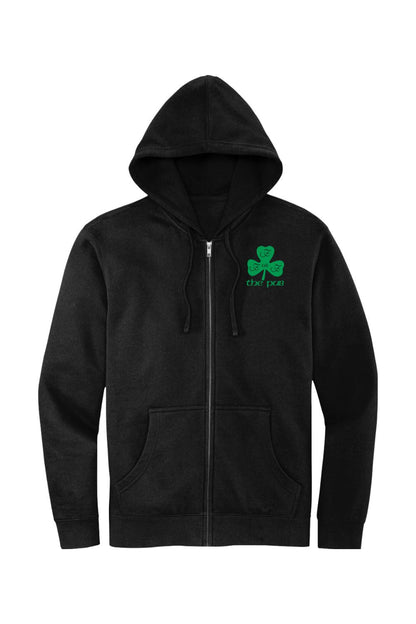 Black full-zip hoodie with a jersey-lined hood, front pockets, and a green shamrock logo on the left chest.