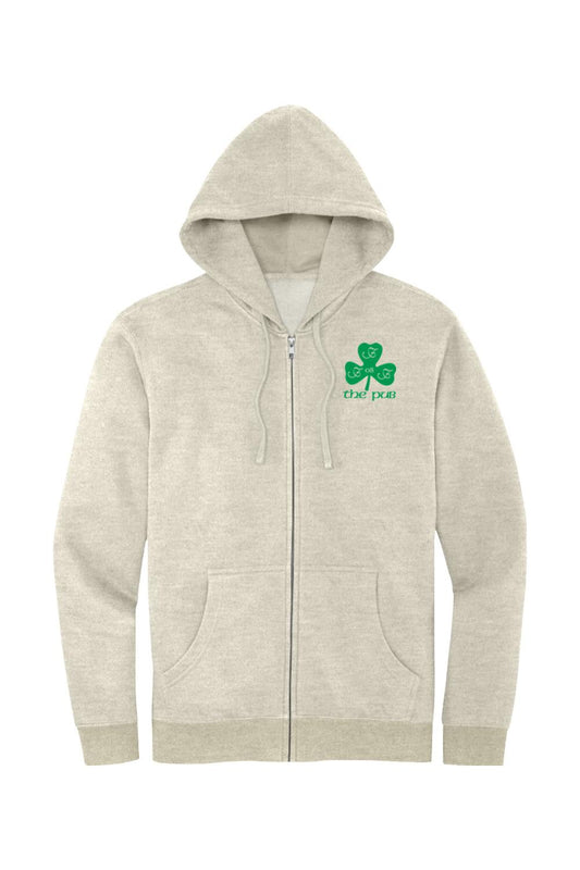 Heather oatmeal full-zip hoodie with a green shamrock logo and The Pub text on the chest.