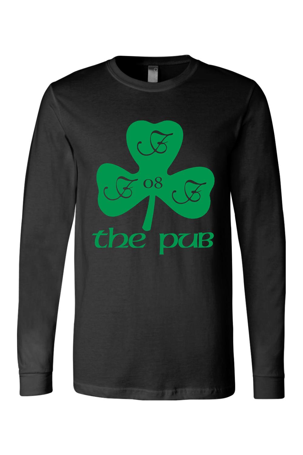 Black long-sleeve jersey tee featuring a green shamrock graphic with the text The Pub and the number 08.