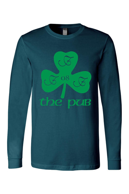Dark teal long-sleeve jersey tee featuring a green shamrock graphic with "the pub" text and "08" detail.