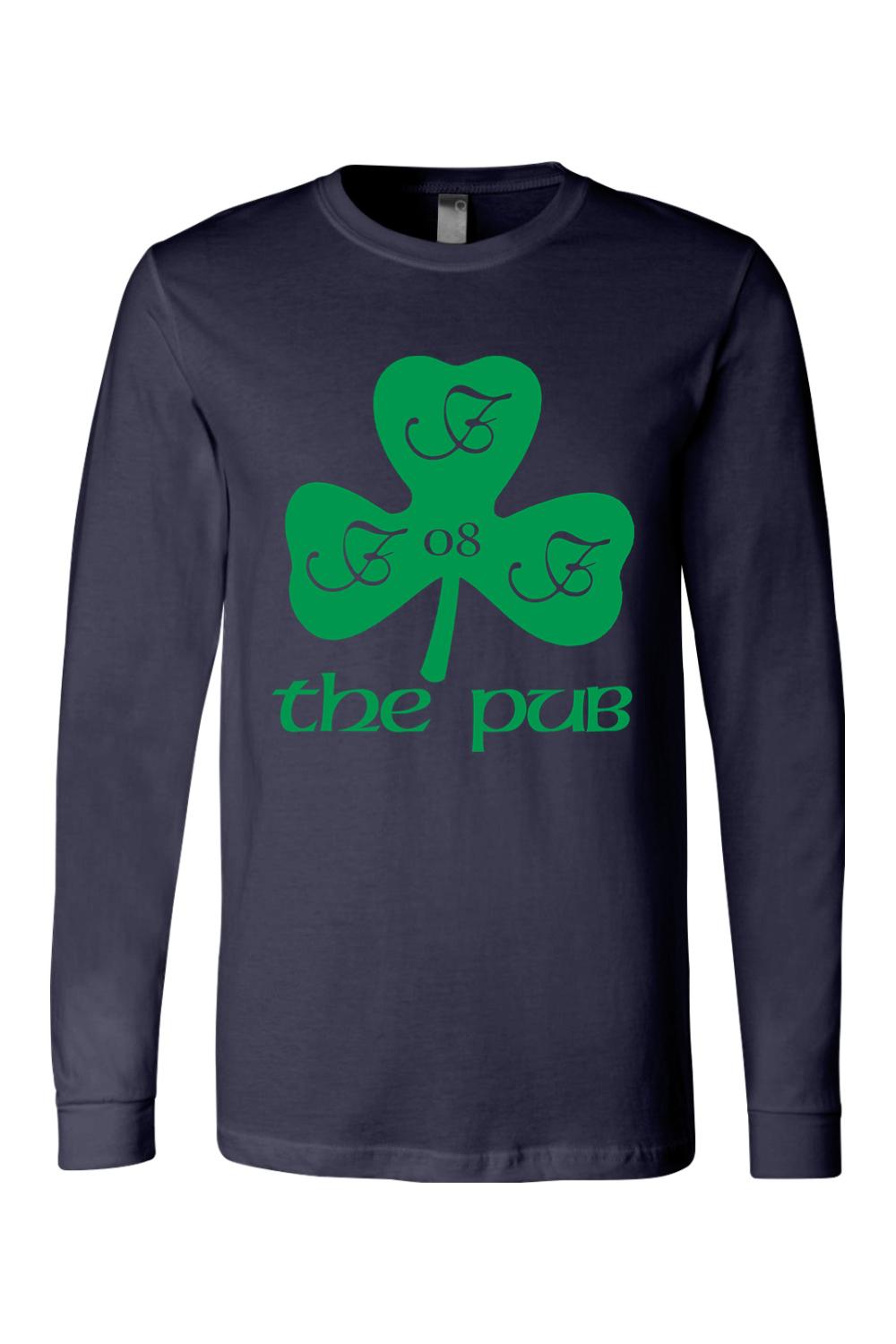 Navy blue long-sleeve jersey tee featuring a green shamrock graphic with "the pub" text and "08" detail.