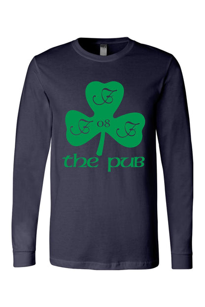 Navy blue long-sleeve jersey tee featuring a green shamrock graphic with "the pub" text and "08" detail.