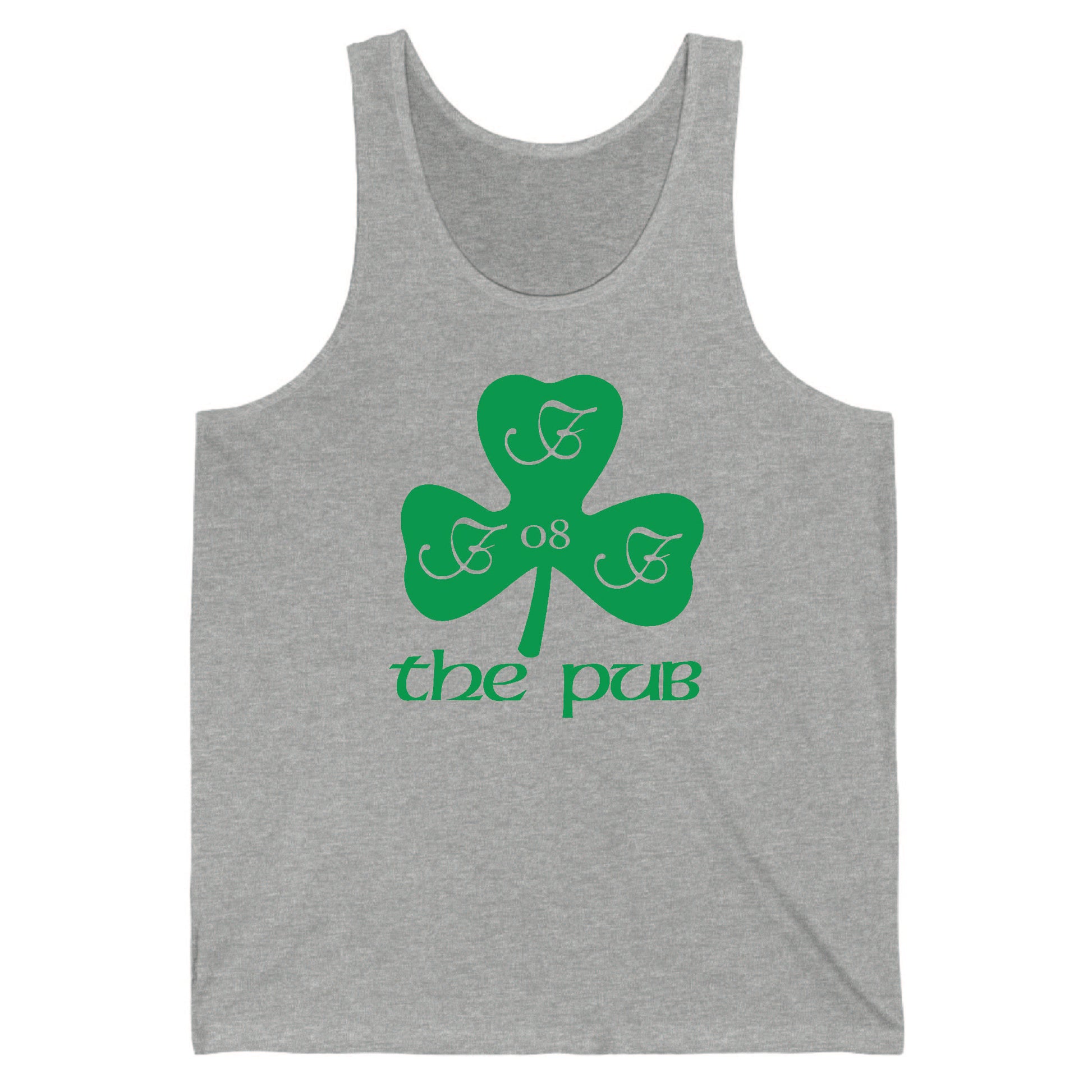 Grey unisex jersey tank top featuring a green shamrock graphic with the text The Pub and decorative lettering.