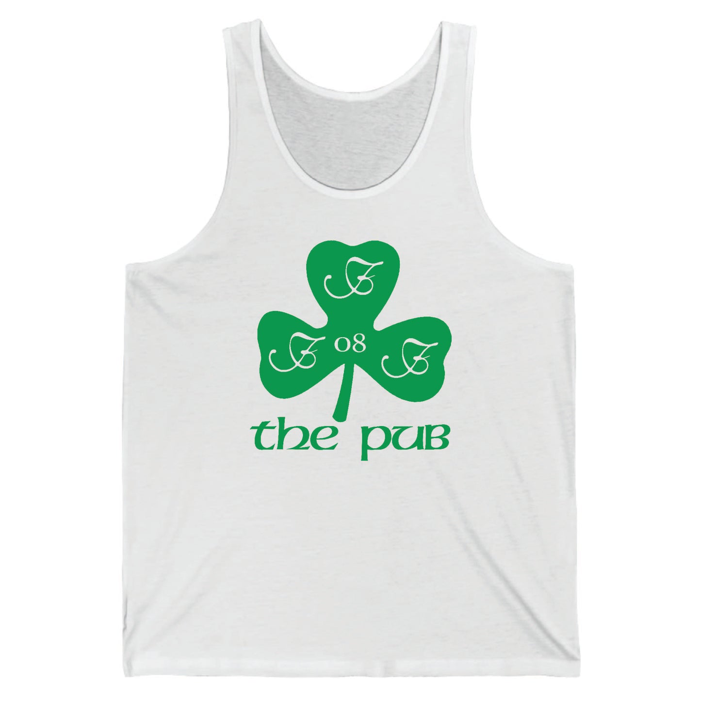 White unisex jersey tank top featuring a green shamrock graphic with the text The Pub and the number 08.