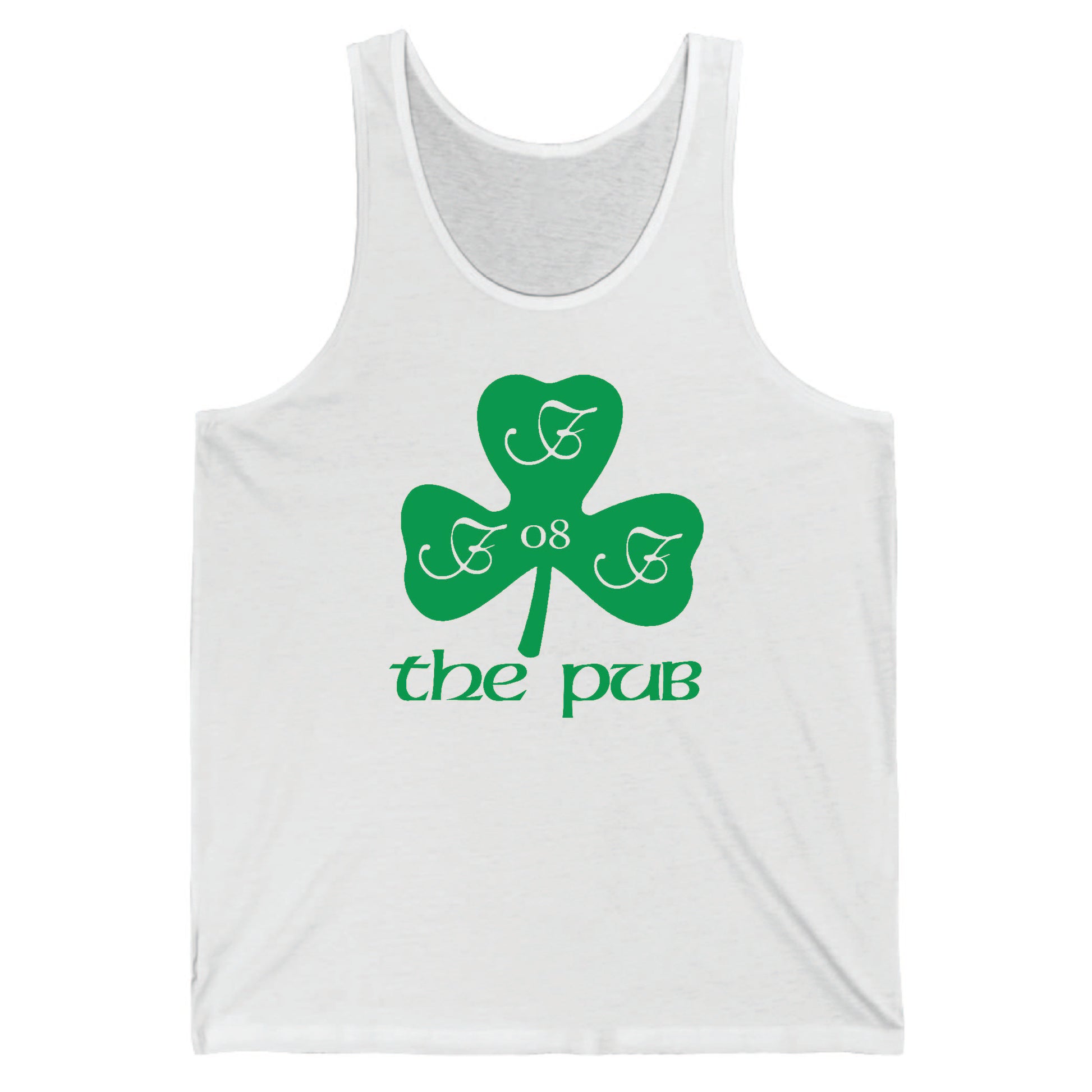 White unisex jersey tank top featuring a green shamrock graphic with the text The Pub and the number 08.