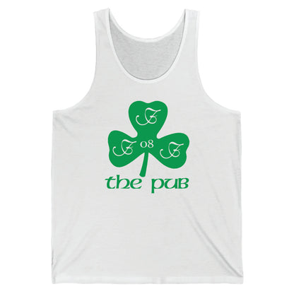 White unisex jersey tank top featuring a green shamrock graphic with the text The Pub and the number 08.