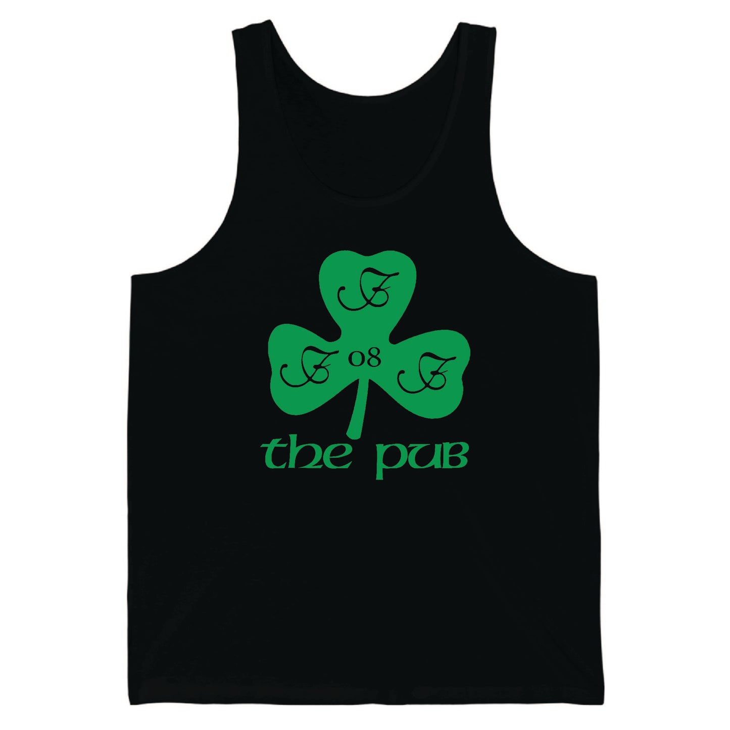 Black unisex jersey tank top featuring a green shamrock graphic with the text The Pub and the number 08.
