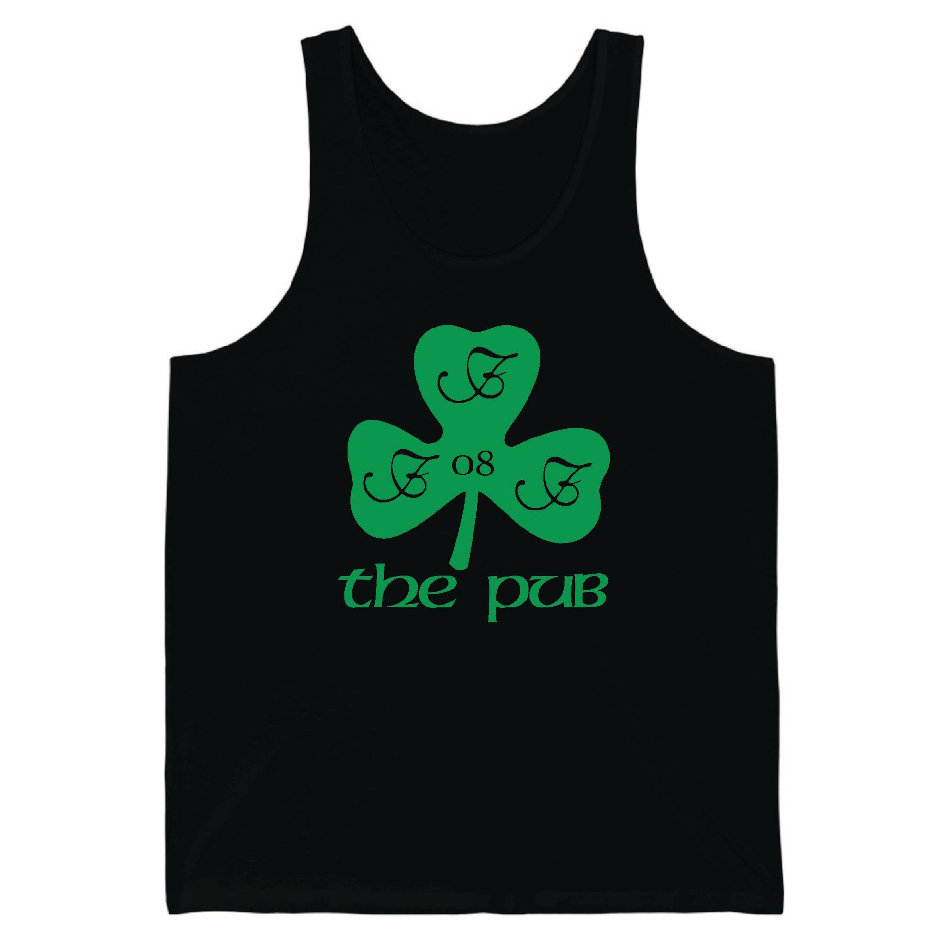 Black unisex jersey tank top featuring a green shamrock graphic with the text The Pub and the number 08.